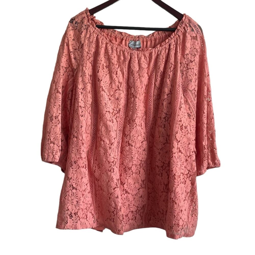 Catherines Women Top‎ 2X Peach Floral Lace Overlay Eyelet Inlet Flowy Feminine
